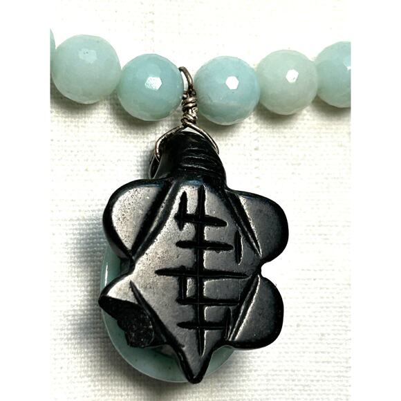 Handcrafted Aquamarine Beaded Necklace Carved Turtle Pendant Asian Symbolism - Picture 10 of 10